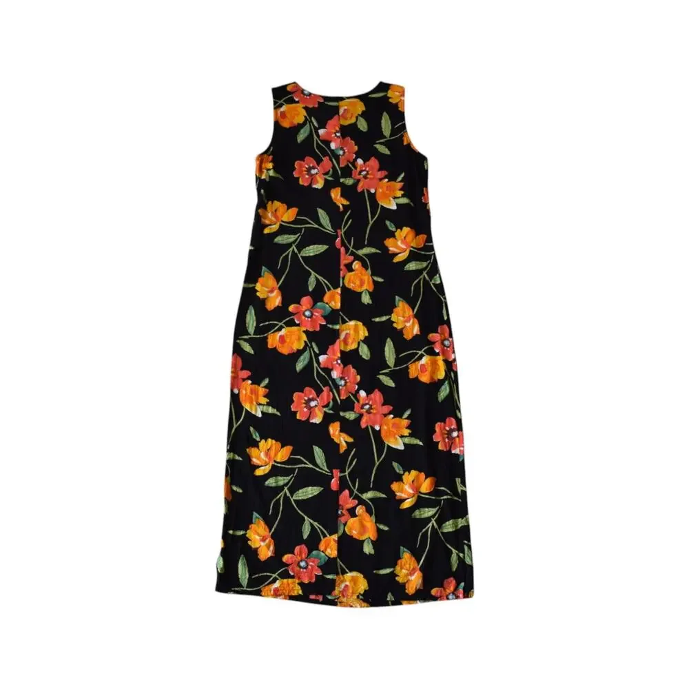 Vintage 90s Floral Rayon Maxi Dress Black Orange Sleeveless Large - Picture 4 of 5
